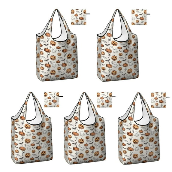 5 Pack Foldable Shopping Bag,Classic Halloween Pattern Reusable Grocery Bags with Pockets,Large Reusable Tote Bags with Handles Waterproof & Lightweight