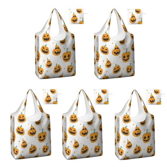 5 Pack Foldable Shopping Bag,Classic Halloween Pumpkins Pattern Reusable Grocery Bags with Pockets,Large Reusable Tote Bags with Handles Waterproof & Lightweight