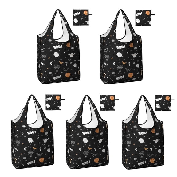 5 Pack Foldable Shopping Bag,Cute Halloween Elements Pattern Reusable Grocery Bags with Pockets,Large Reusable Tote Bags with Handles Waterproof & Lightweight