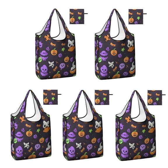 5 Pack Foldable Shopping Bag,Cute Halloween Icons Pattern Reusable Grocery Bags with Pockets,Large Reusable Tote Bags with Handles Waterproof & Lightweight