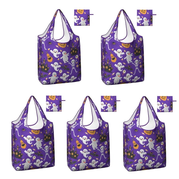 5 Pack Foldable Shopping Bag,Cute Halloween Icons Pattern Reusable Grocery Bags with Pockets,Large Reusable Tote Bags with Handles Waterproof & Lightweight