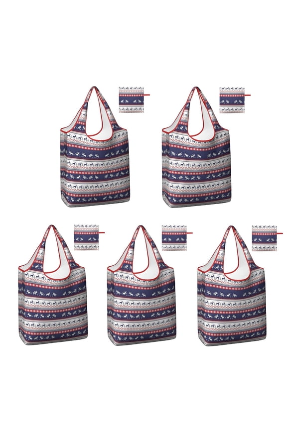 5 Pack Foldable Shopping Bag,Dark Blue Christmas Reindeer and Donkey Pattern Reusable Grocery Bags with Pockets,Large Reusable Tote Bags with Handles Waterproof & Lightweight