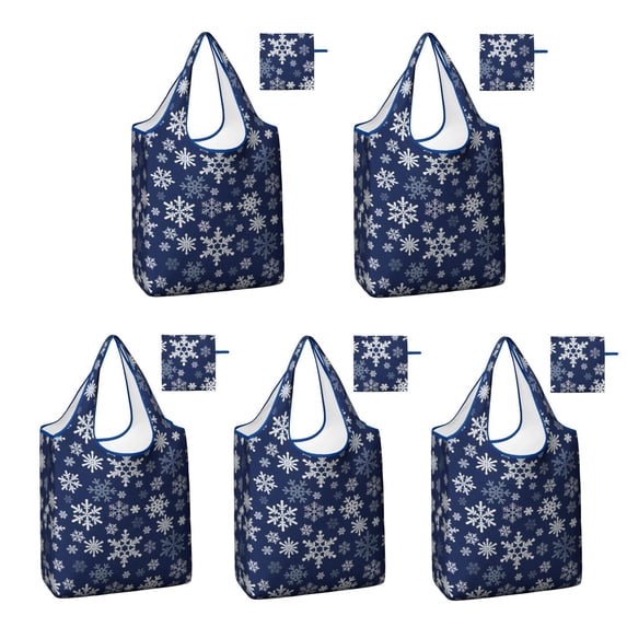 5 Pack Foldable Shopping Bag,Dark Blue Christmas Snowflake Pattern Reusable Grocery Bags with Pockets,Large Reusable Tote Bags with Handles Waterproof & Lightweight