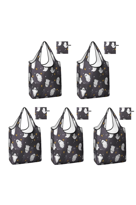 5 Pack Foldable Shopping Bag,Dark Halloween Ghosts with Stars Reusable Grocery Bags with Pockets,Large Reusable Tote Bags with Handles Waterproof & Lightweight
