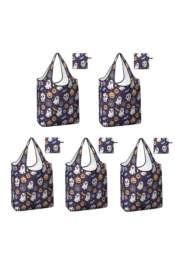 5 Pack Foldable Shopping Bag,Dark Halloween Pattern Reusable Grocery Bags with Pockets,Large Reusable Tote Bags with Handles Waterproof & Lightweight