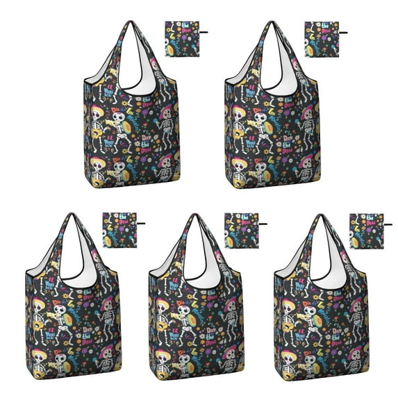 5 Pack Foldable Shopping Bag,Day Of the Dead Halloween Pattern Reusable Grocery Bags with Pockets,Large Reusable Tote Bags with Handles Waterproof & Lightweight