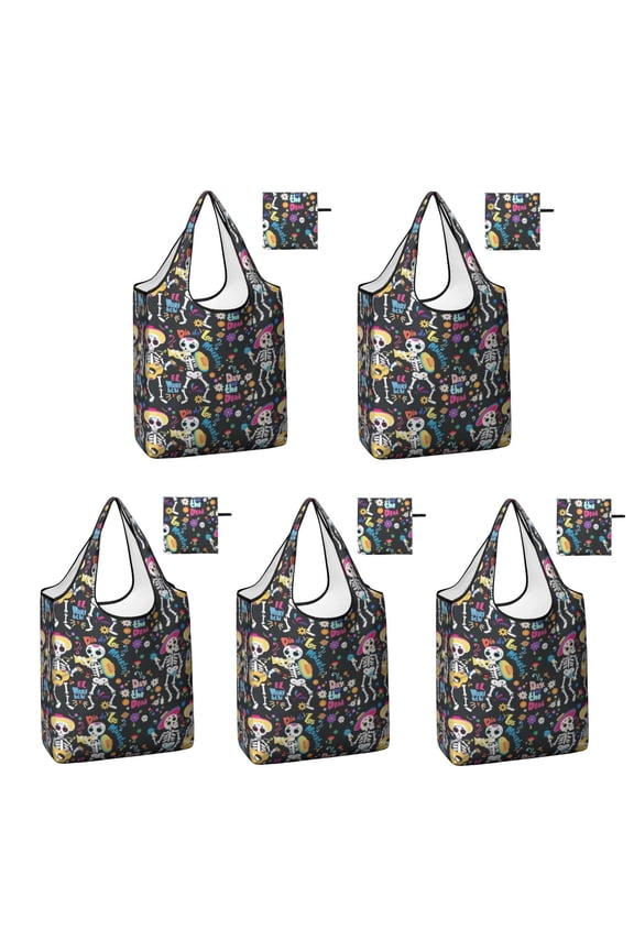 5 Pack Foldable Shopping Bag,Day Of the Dead Halloween Pattern Reusable Grocery Bags with Pockets,Large Reusable Tote Bags with Handles Waterproof & Lightweight