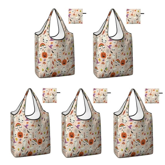 5 Pack Foldable Shopping Bag,Fun Halloween Pattern Reusable Grocery Bags with Pockets,Large Reusable Tote Bags with Handles Waterproof & Lightweight