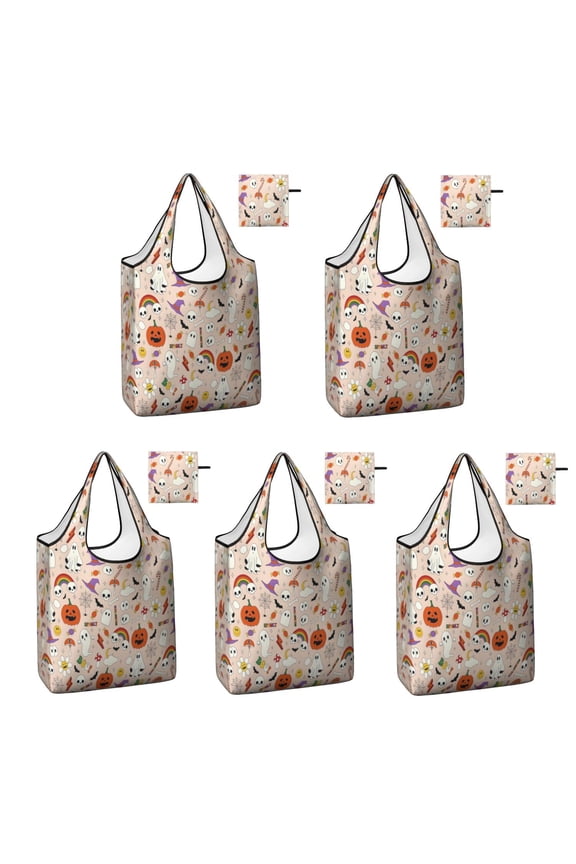 5 Pack Foldable Shopping Bag,Fun Halloween Pattern Reusable Grocery Bags with Pockets,Large Reusable Tote Bags with Handles Waterproof & Lightweight