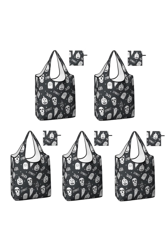5 Pack Foldable Shopping Bag,Ghost Boo Halloween Pattern Reusable Grocery Bags with Pockets,Large Reusable Tote Bags with Handles Waterproof & Lightweight