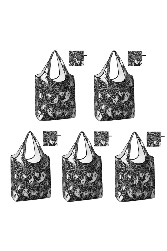5 Pack Foldable Shopping Bag,Ghost and Spider Web Halloween Pattern Reusable Grocery Bags with Pockets,Large Reusable Tote Bags with Handles Waterproof & Lightweight