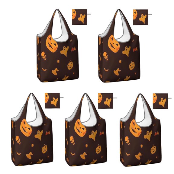 5 Pack Foldable Shopping Bag,Glowing Halloween Icons Pattern Reusable Grocery Bags with Pockets,Large Reusable Tote Bags with Handles Waterproof & Lightweight