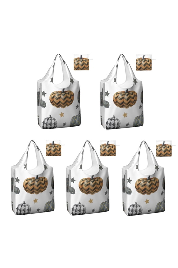 5 Pack Foldable Shopping Bag,Gray and Orange Halloween Pumpkins Reusable Grocery Bags with Pockets,Large Reusable Tote Bags with Handles Waterproof & Lightweight