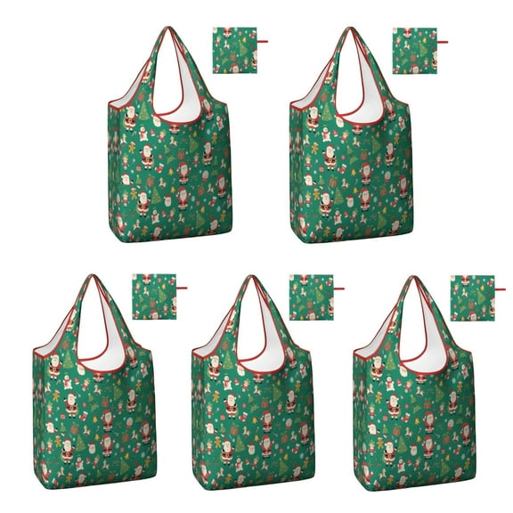 5 Pack Foldable Shopping Bag,Green Christmas Santa and Icon Pattern Reusable Grocery Bags with Pockets,Large Reusable Tote Bags with Handles Waterproof & Lightweight