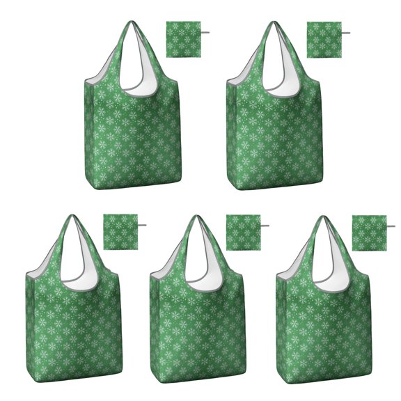 5 Pack Foldable Shopping Bag,Green Christmas Snowflake Pattern Reusable Grocery Bags with Pockets,Large Reusable Tote Bags with Handles Waterproof & Lightweight