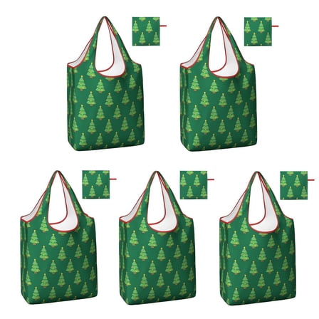 5 Pack Foldable Shopping Bag,Green Christmas Tree Pattern Reusable Grocery Bags with Pockets,Large Reusable Tote Bags with Handles Waterproof & Lightweight