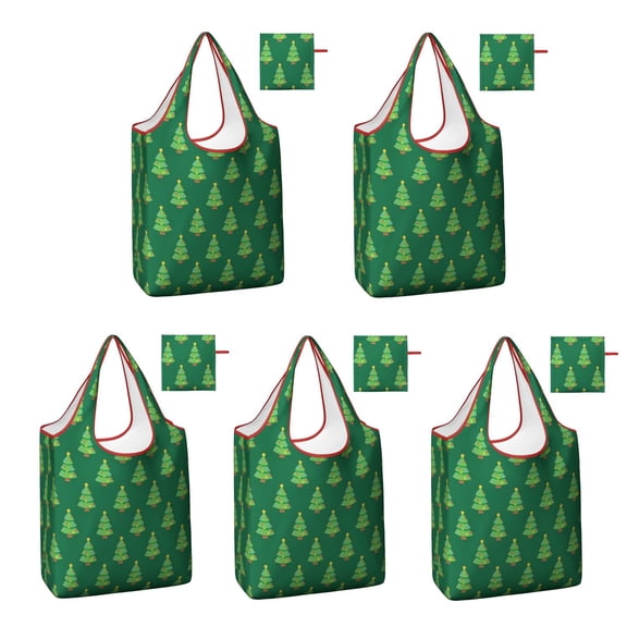 5 Pack Foldable Shopping Bag,Green Christmas Tree Pattern Reusable Grocery Bags with Pockets,Large Reusable Tote Bags with Handles Waterproof & Lightweight
