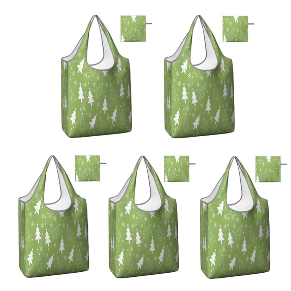 5 Pack Foldable Shopping Bag,Green Christmas Tree Pattern Reusable Grocery Bags with Pockets,Large Reusable Tote Bags with Handles Waterproof & Lightweight