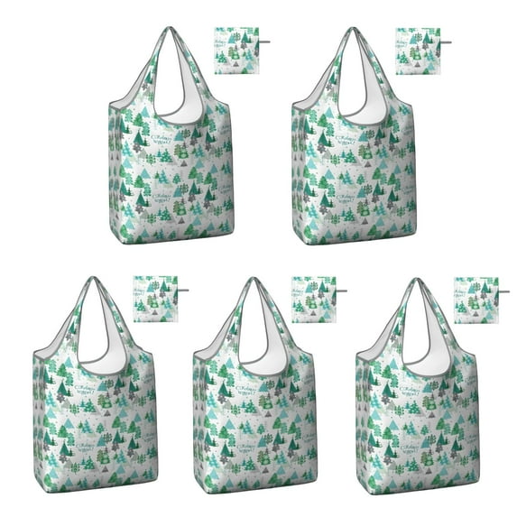 5 Pack Foldable Shopping Bag,Green Christmas Tree and Text Pattern Reusable Grocery Bags with Pockets,Large Reusable Tote Bags with Handles Waterproof & Lightweight
