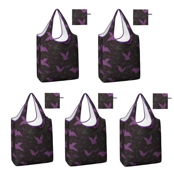 5 Pack Foldable Shopping Bag,Halloween Bat Camouflage Pattern Reusable Grocery Bags with Pockets,Large Reusable Tote Bags with Handles Waterproof & Lightweight