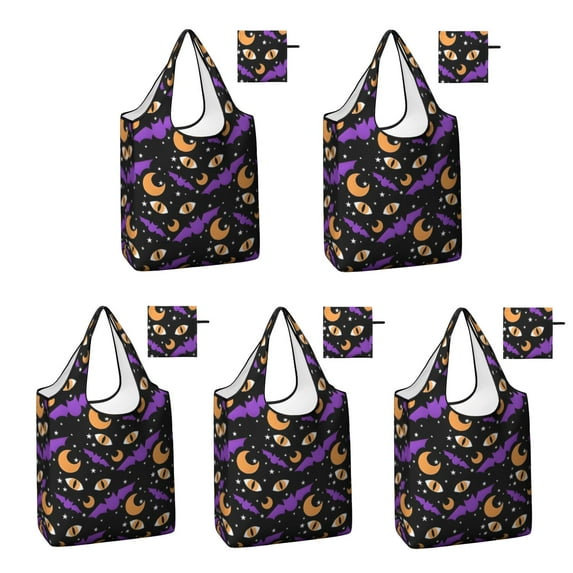 5 Pack Foldable Shopping Bag,Halloween Bat Moon Eye Pattern Reusable Grocery Bags with Pockets,Large Reusable Tote Bags with Handles Waterproof & Lightweight