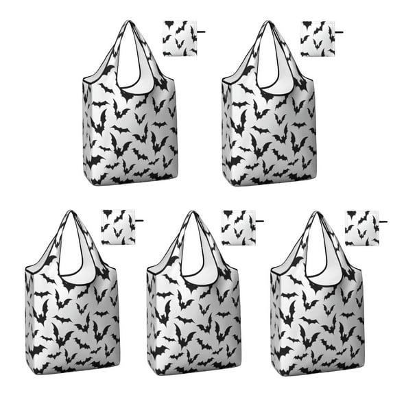 5 Pack Foldable Shopping Bag,Halloween Bat Pattern Reusable Grocery Bags with Pockets,Large Reusable Tote Bags with Handles Waterproof & Lightweight