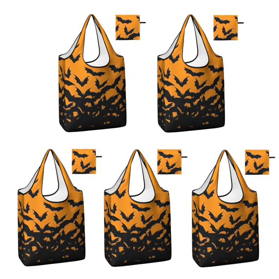5 Pack Foldable Shopping Bag,Halloween Bat Silhouette Pattern Reusable Grocery Bags with Pockets,Large Reusable Tote Bags with Handles Waterproof & Lightweight