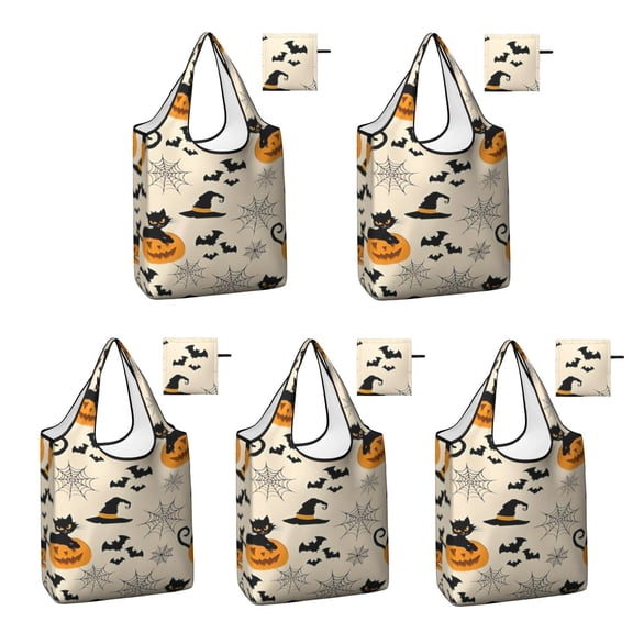 5 Pack Foldable Shopping Bag,Halloween Black Cats and Pumpkins Reusable Grocery Bags with Pockets,Large Reusable Tote Bags with Handles Waterproof & Lightweight