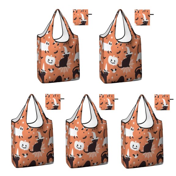 5 Pack Foldable Shopping Bag,Halloween Cat Pattern Reusable Grocery Bags with Pockets,Large Reusable Tote Bags with Handles Waterproof & Lightweight