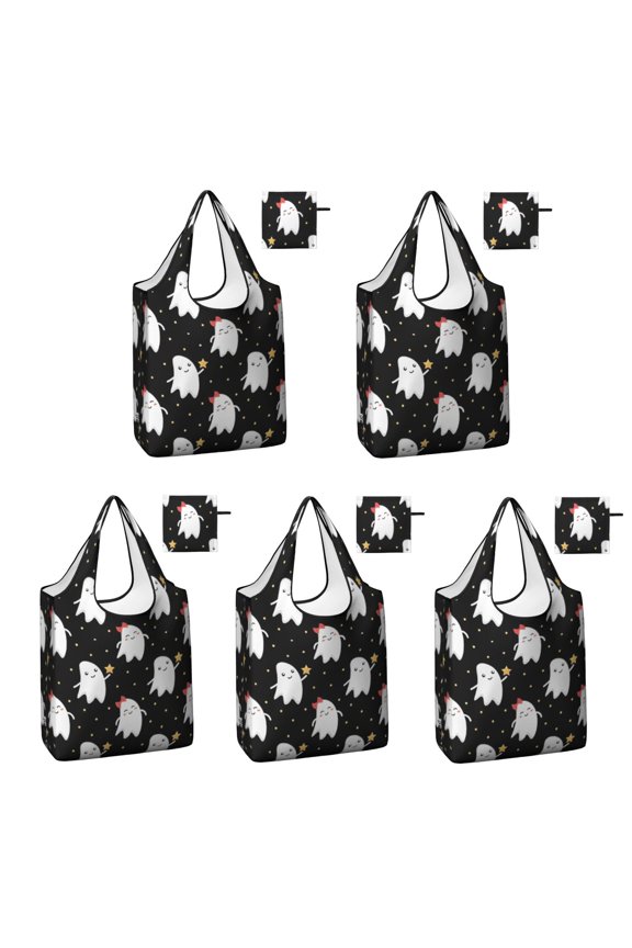 5 Pack Foldable Shopping Bag,Halloween Cute Ghosts Pattern Reusable Grocery Bags with Pockets,Large Reusable Tote Bags with Handles Waterproof & Lightweight