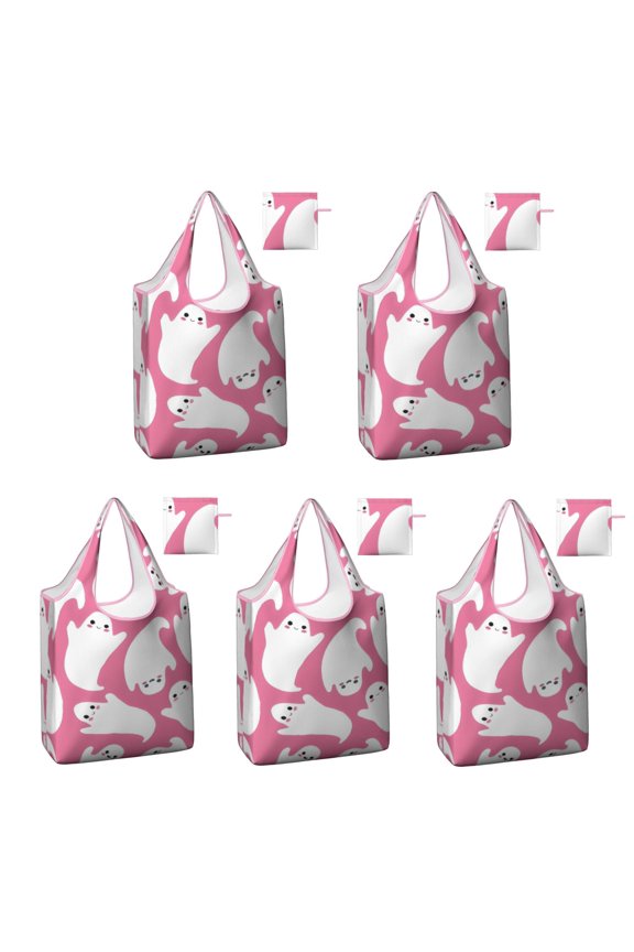 5 Pack Foldable Shopping Bag,Halloween Cute Ghosts on Pink Pattern Reusable Grocery Bags with Pockets,Large Reusable Tote Bags with Handles Waterproof & Lightweight