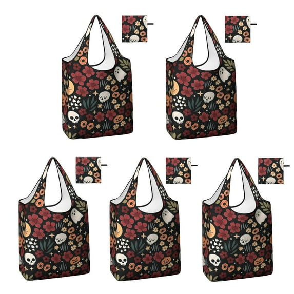 5 Pack Foldable Shopping Bag,Halloween Floral Ghosts Pattern Reusable Grocery Bags with Pockets,Large Reusable Tote Bags with Handles Waterproof & Lightweight