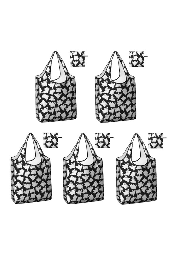5 Pack Foldable Shopping Bag,Halloween Ghost Army Pattern Reusable Grocery Bags with Pockets,Large Reusable Tote Bags with Handles Waterproof & Lightweight