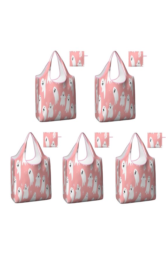 5 Pack Foldable Shopping Bag,Halloween Ghosts with Boo Reusable Grocery Bags with Pockets,Large Reusable Tote Bags with Handles Waterproof & Lightweight