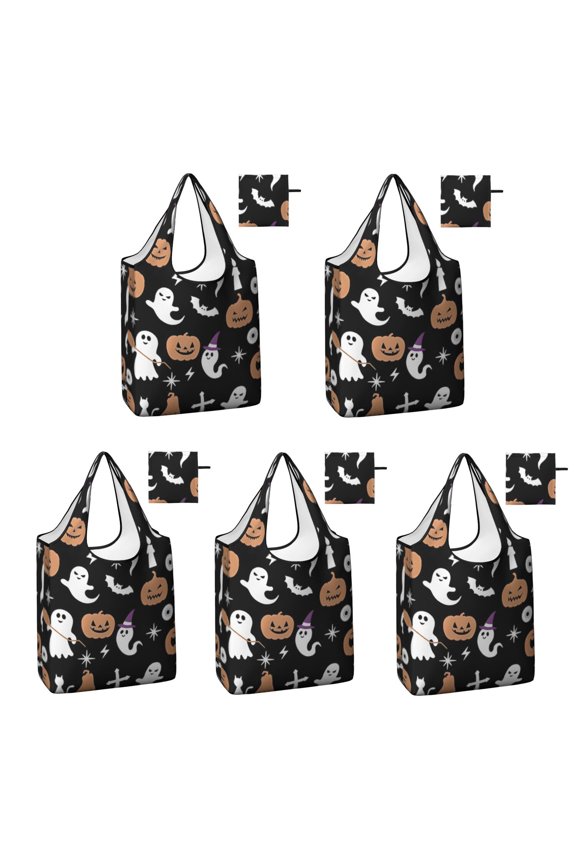 5 Pack Foldable Shopping Bag,Halloween Ghosts Pumpkins and Spooky Icons Reusable Grocery Bags with Pockets,Large Reusable Tote Bags with Handles Waterproof & Lightweight
