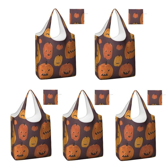5 Pack Foldable Shopping Bag,Halloween Jack Lanterns Variety Pattern Reusable Grocery Bags with Pockets,Large Reusable Tote Bags with Handles Waterproof & Lightweight