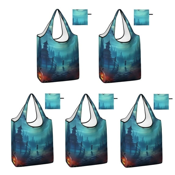 5 Pack Foldable Shopping Bag,Halloween Night Scene Pattern Reusable Grocery Bags with Pockets,Large Reusable Tote Bags with Handles Waterproof & Lightweight