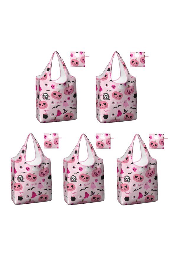 5 Pack Foldable Shopping Bag,Halloween Pink Spooky Hearts and Ghosts Reusable Grocery Bags with Pockets,Large Reusable Tote Bags with Handles Waterproof & Lightweight