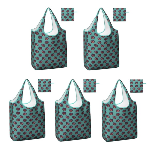 5 Pack Foldable Shopping Bag,Halloween Pumpkin Repeat Pattern Reusable Grocery Bags with Pockets,Large Reusable Tote Bags with Handles Waterproof & Lightweight