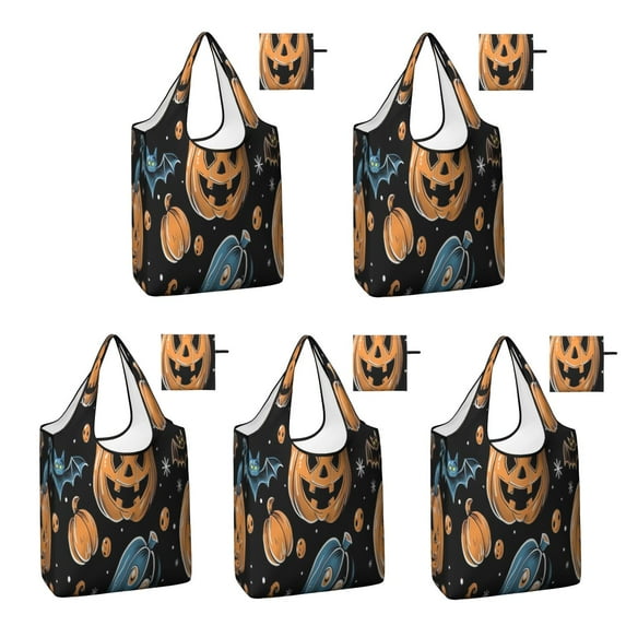 5 Pack Foldable Shopping Bag,Halloween Pumpkins Skulls Bats and Eyeballs Reusable Grocery Bags with Pockets,Large Reusable Tote Bags with Handles Waterproof & Lightweight