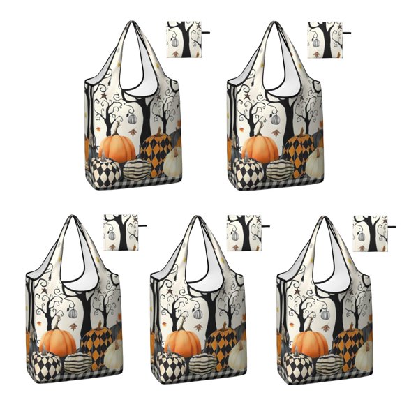 5 Pack Foldable Shopping Bag,Halloween Pumpkins and Spooky Trees Reusable Grocery Bags with Pockets,Large Reusable Tote Bags with Handles Waterproof & Lightweight