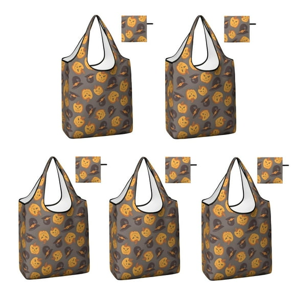 5 Pack Foldable Shopping Bag,Halloween Pumpkins and Witch Hats Reusable Grocery Bags with Pockets,Large Reusable Tote Bags with Handles Waterproof & Lightweight