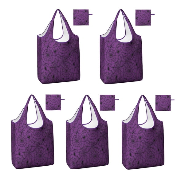 5 Pack Foldable Shopping Bag,Halloween Purple Spider Web Pattern Reusable Grocery Bags with Pockets,Large Reusable Tote Bags with Handles Waterproof & Lightweight