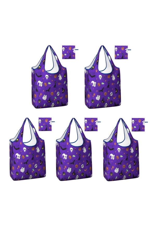 5 Pack Foldable Shopping Bag,Halloween Purple Spider Web Pattern Reusable Grocery Bags with Pockets,Large Reusable Tote Bags with Handles Waterproof & Lightweight