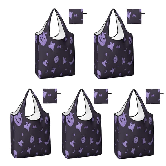5 Pack Foldable Shopping Bag,Halloween Silhouette Pattern Reusable Grocery Bags with Pockets,Large Reusable Tote Bags with Handles Waterproof & Lightweight