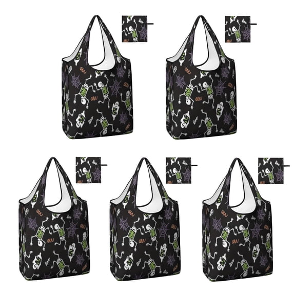 5 Pack Foldable Shopping Bag,Halloween Skeleton Ghost Pattern Reusable Grocery Bags with Pockets,Large Reusable Tote Bags with Handles Waterproof & Lightweight
