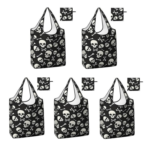5 Pack Foldable Shopping Bag,Halloween Skull Crossbones Pattern Reusable Grocery Bags with Pockets,Large Reusable Tote Bags with Handles Waterproof & Lightweight