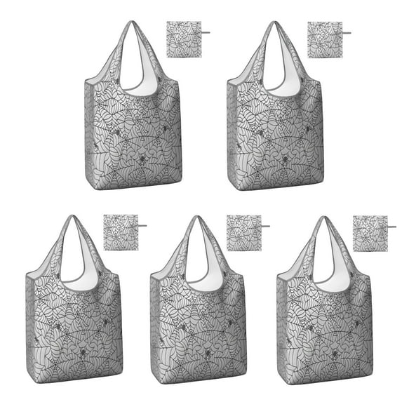 5 Pack Foldable Shopping Bag,Halloween Spider Web Pattern Reusable Grocery Bags with Pockets,Large Reusable Tote Bags with Handles Waterproof & Lightweight