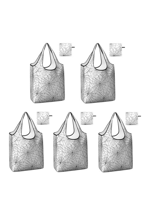 5 Pack Foldable Shopping Bag,Halloween Spider Web Pattern Reusable Grocery Bags with Pockets,Large Reusable Tote Bags with Handles Waterproof & Lightweight