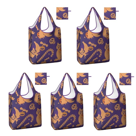 5 Pack Foldable Shopping Bag,Halloween Spooky Icons Pattern Reusable Grocery Bags with Pockets,Large Reusable Tote Bags with Handles Waterproof & Lightweight